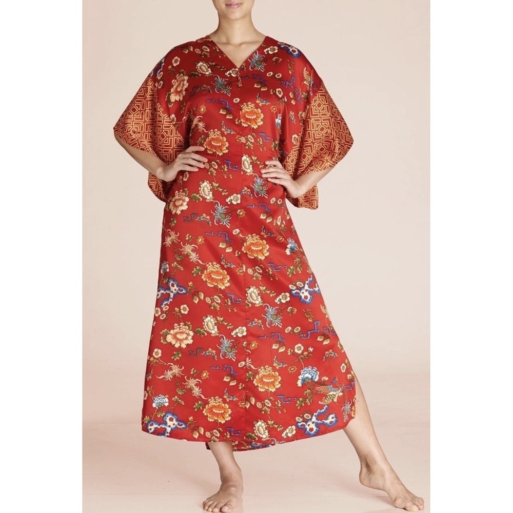 STUNNING NATORI Red Asian Wide Kimono satin Dress Woman's Size XL Zip Up